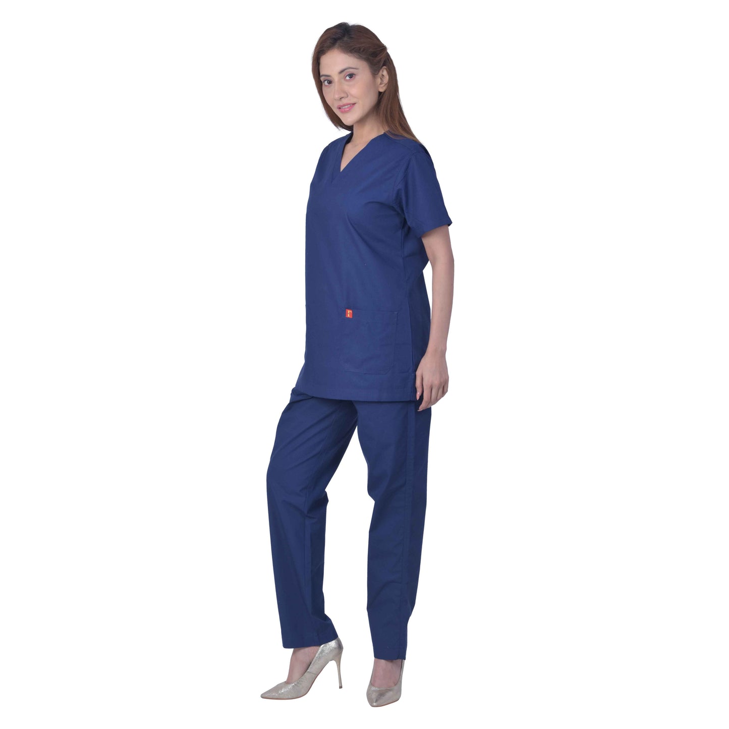 FRENCH TERRAIN® Unsiex Polyester Cotton V-Neck Scrub Suit, Triple Stitch Top with 2 Pockets, Bottom Elasticated Wasit with Drawstring. (Color_ Navy Blue)