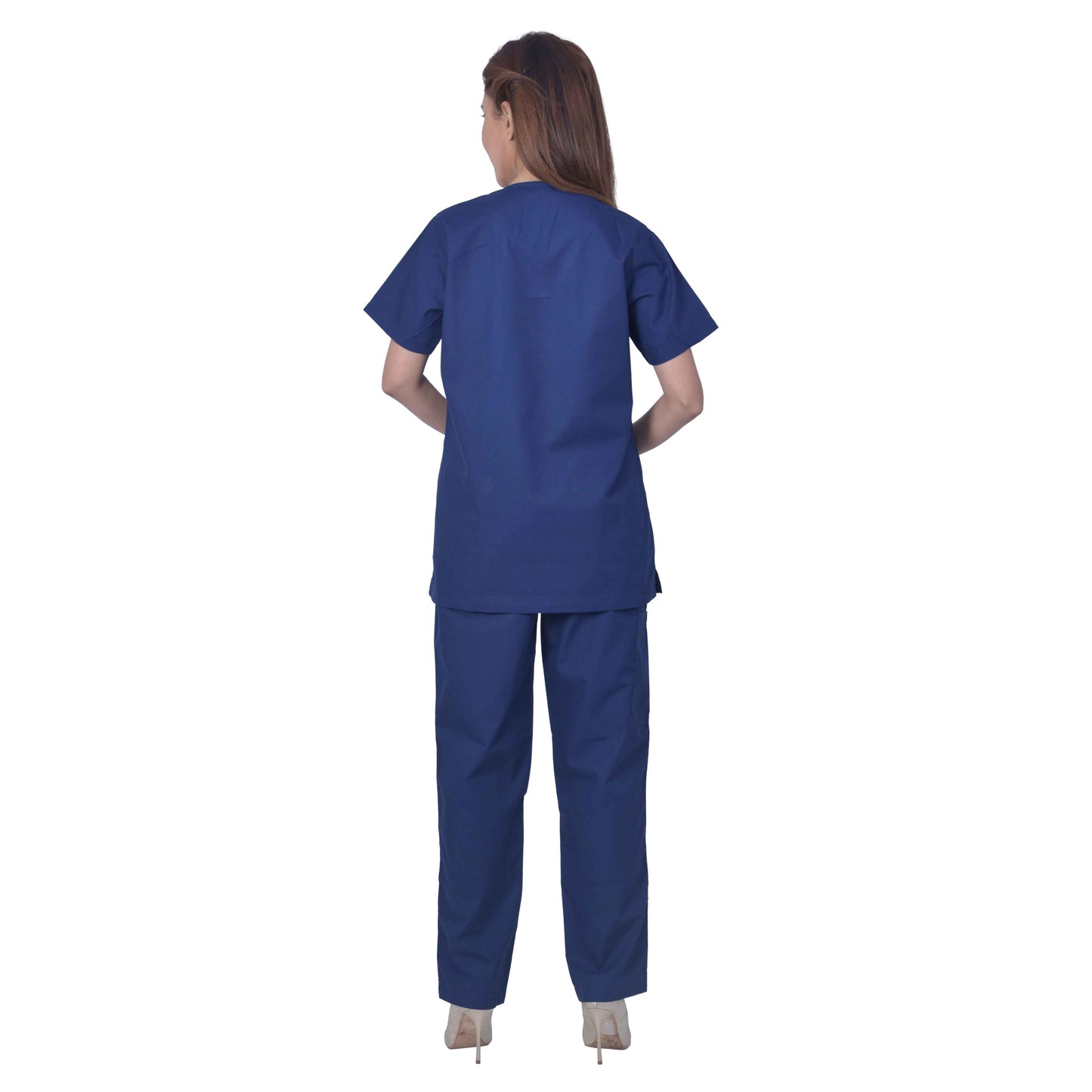 FRENCH TERRAIN® Unsiex Polyester Cotton V-Neck Scrub Suit, Triple Stitch Top with 2 Pockets, Bottom Elasticated Wasit with Drawstring. (Color_ Navy Blue)