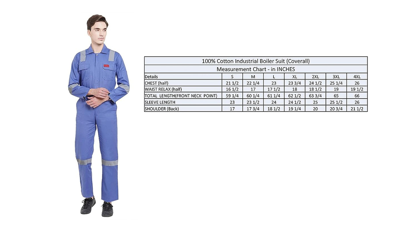 FRENCH TERRAIN® Men's 100% Cotton Industrial Work WEAR Coverall Boiler Suit with Reflective Tape 210 GSM, Petrol Blue
