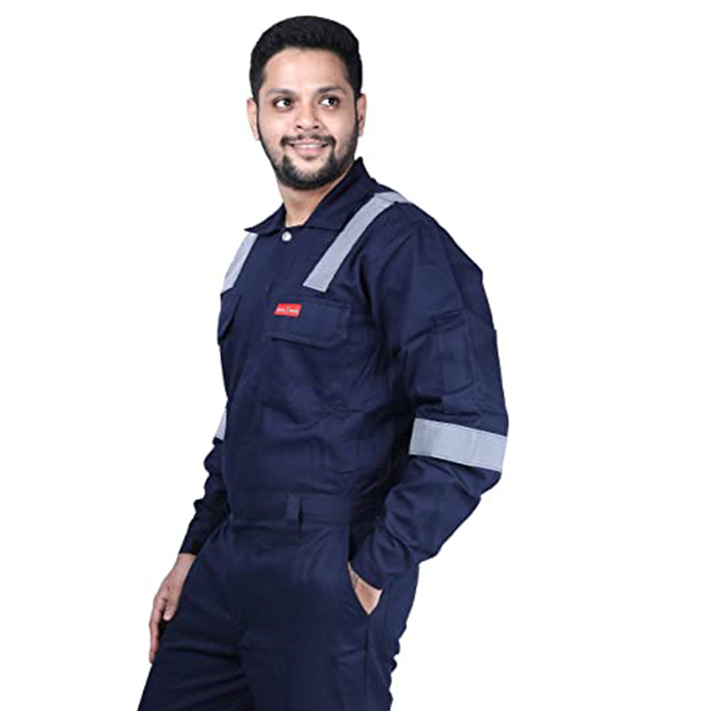Men's Cotton Industrial Work Wear Coverall Boiler Suit With Reflective Tape, 210 Gsm (Navy Blue)