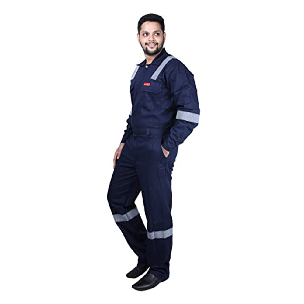 Men's Cotton Industrial Work Wear Coverall Boiler Suit With Reflective Tape, 210 Gsm (Navy Blue)