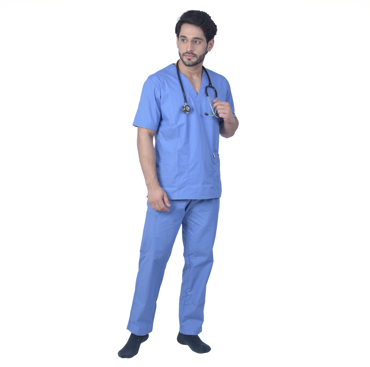 Unisex Premium Polyester Cotton V-Neck Scrub Suit. (Top And Bottom) Tripple Stitch With 2 Pockets - Ceil Blue