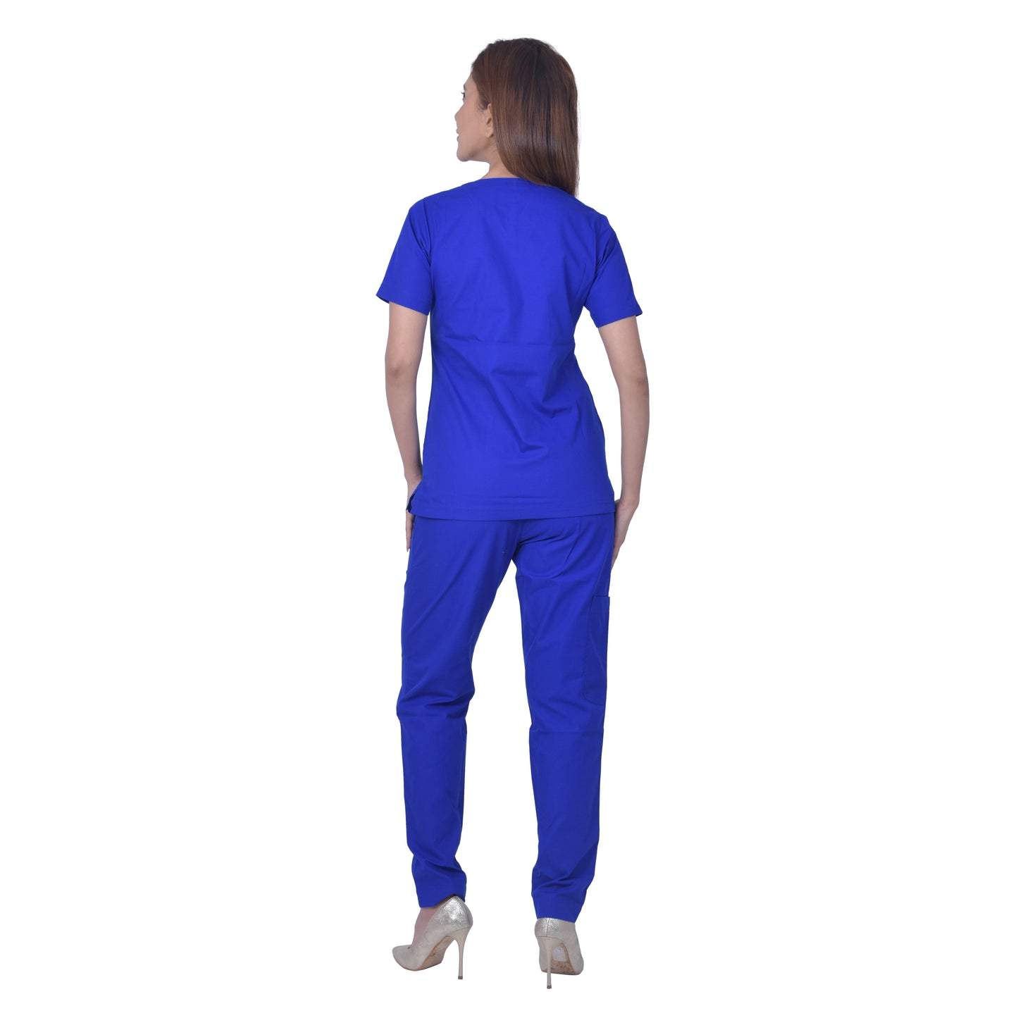 Unisex polyester cotton v-neck scrub suit set, set of top and bottom, triple stitch top with 2 pockets, bottom elasticated waist with drawstring - Royal Blue