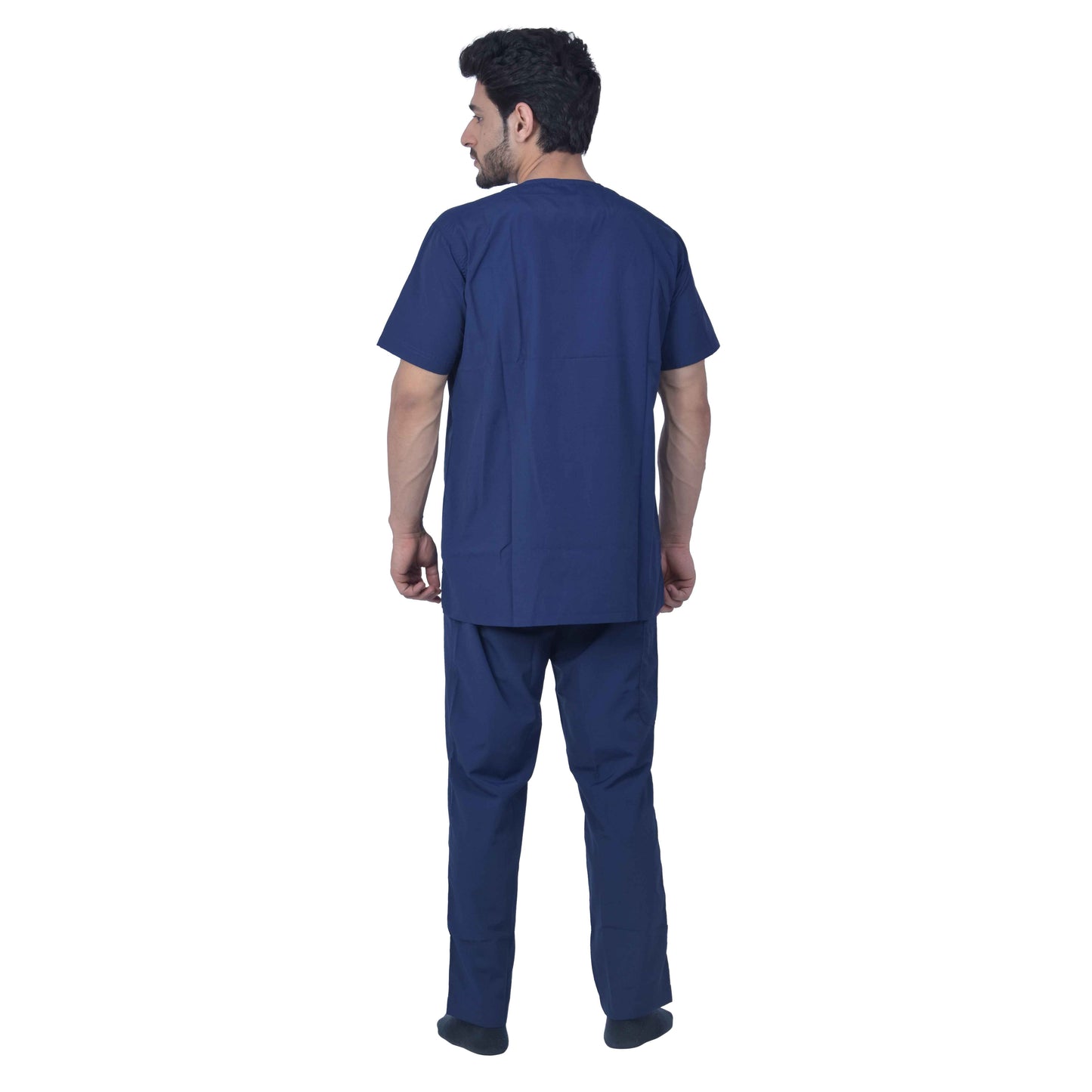 FRENCH TERRAIN® Unsiex Polyester Cotton V-Neck Scrub Suit, Triple Stitch Top with 2 Pockets, Bottom Elasticated Wasit with Drawstring. (Color_ Navy Blue)