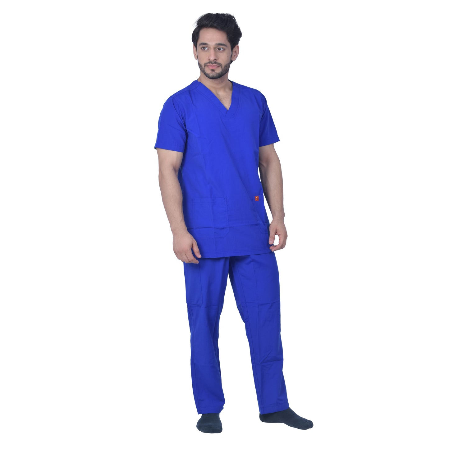 Unisex polyester cotton v-neck scrub suit set, set of top and bottom, triple stitch top with 2 pockets, bottom elasticated waist with drawstring - Royal Blue