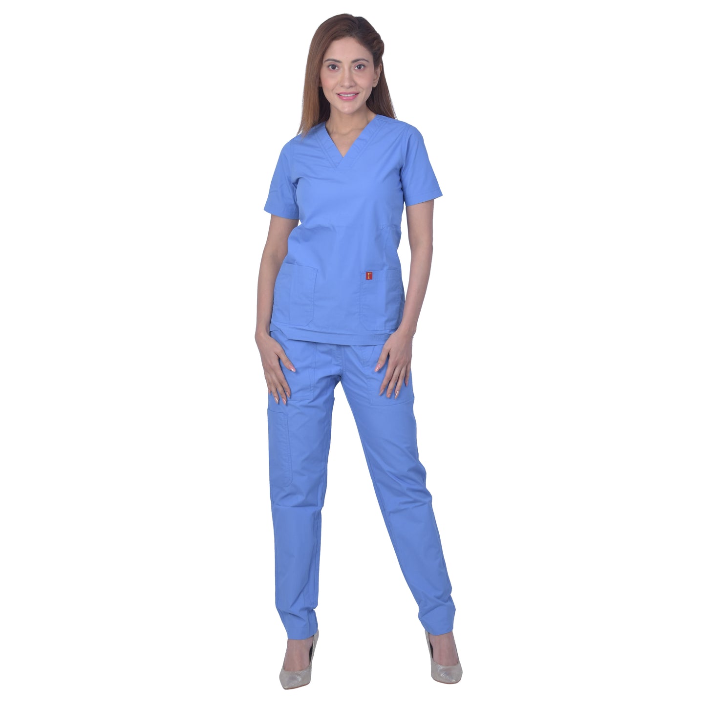 Unisex Premium Polyester Cotton V-Neck Scrub Suit. (Top And Bottom) Tripple Stitch With 2 Pockets - Ceil Blue