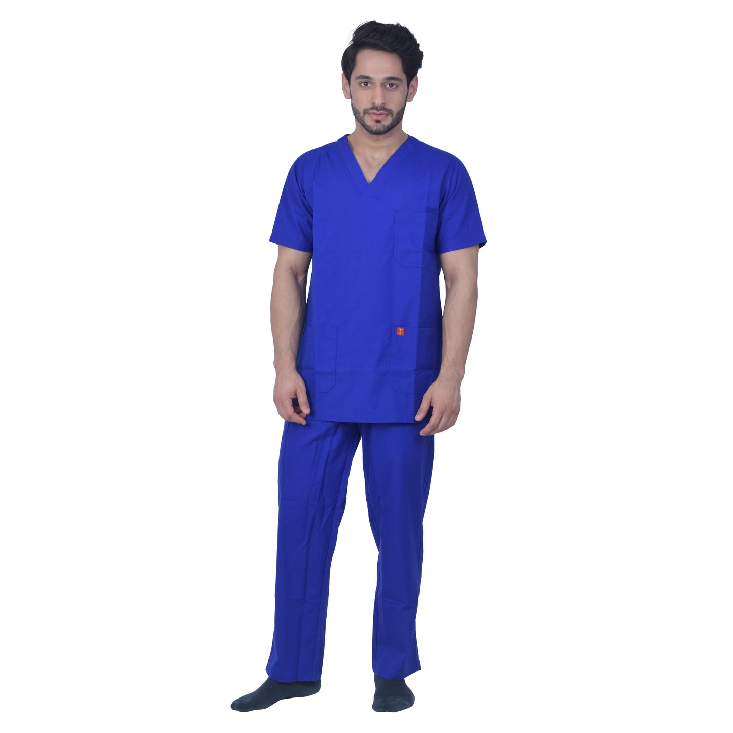 Unisex polyester cotton v-neck scrub suit set, set of top and bottom, triple stitch top with 3 pockets, bottom elasticated waist with drawstring - Royal Blue