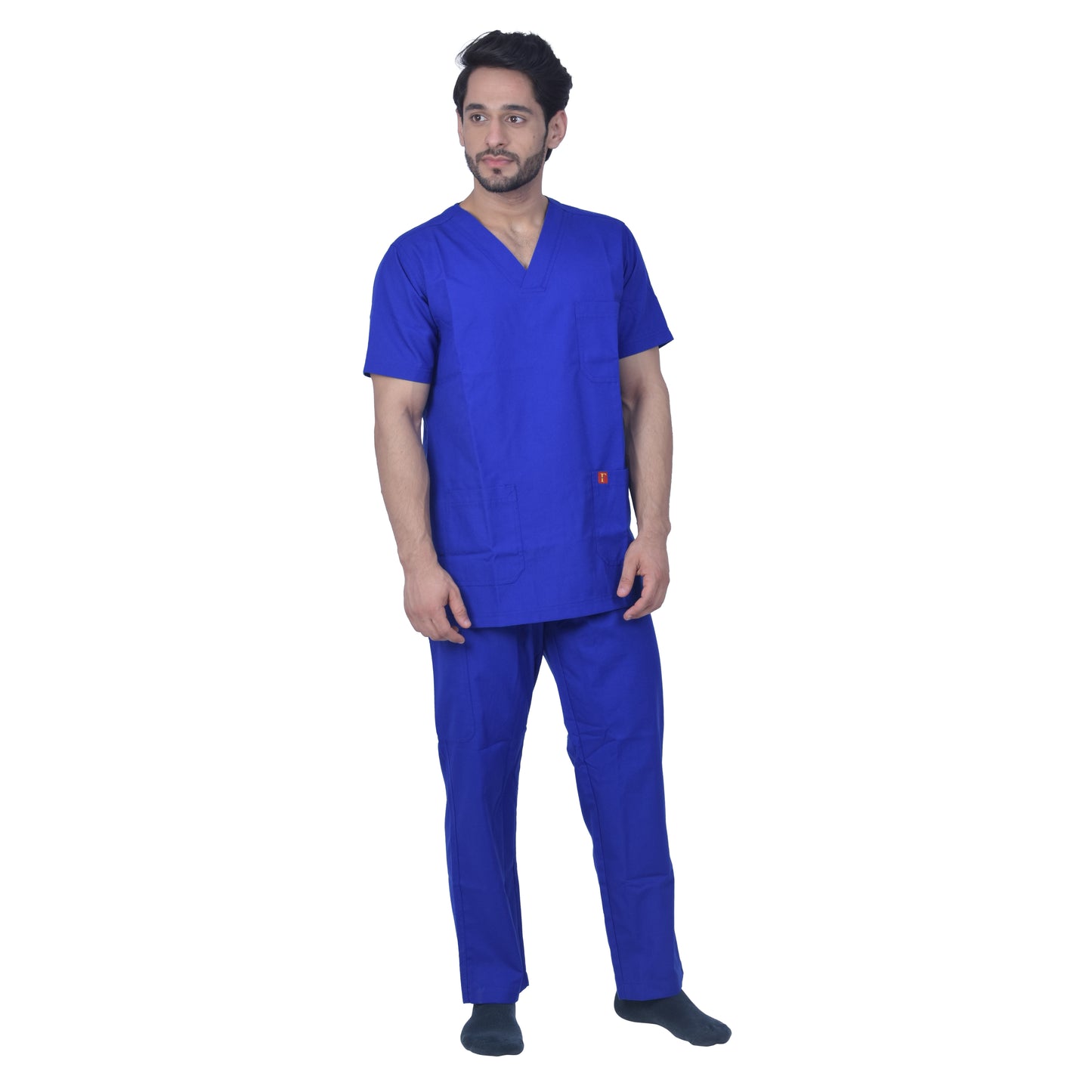 Unisex polyester cotton v-neck scrub suit set, set of top and bottom, triple stitch top with 3 pockets, bottom elasticated waist with drawstring - Royal Blue