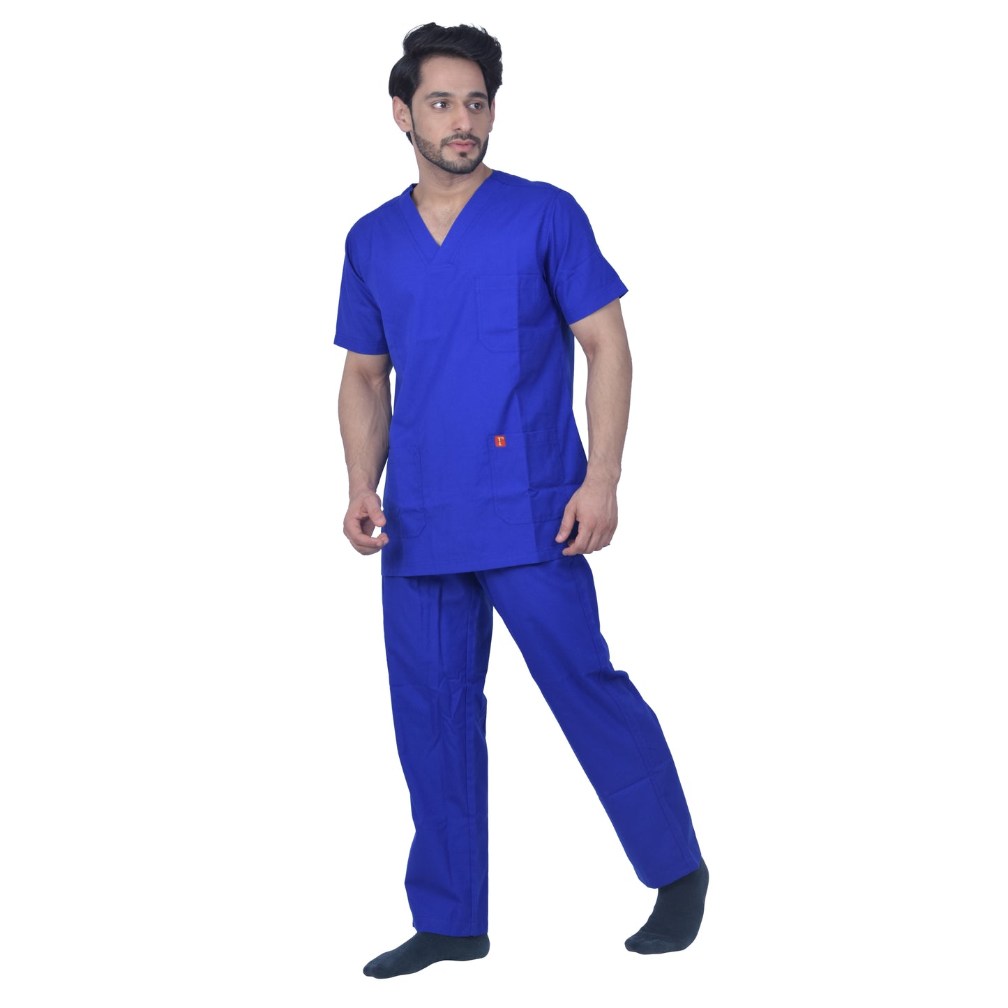 Unisex polyester cotton v-neck scrub suit set, set of top and bottom, triple stitch top with 3 pockets, bottom elasticated waist with drawstring - Royal Blue