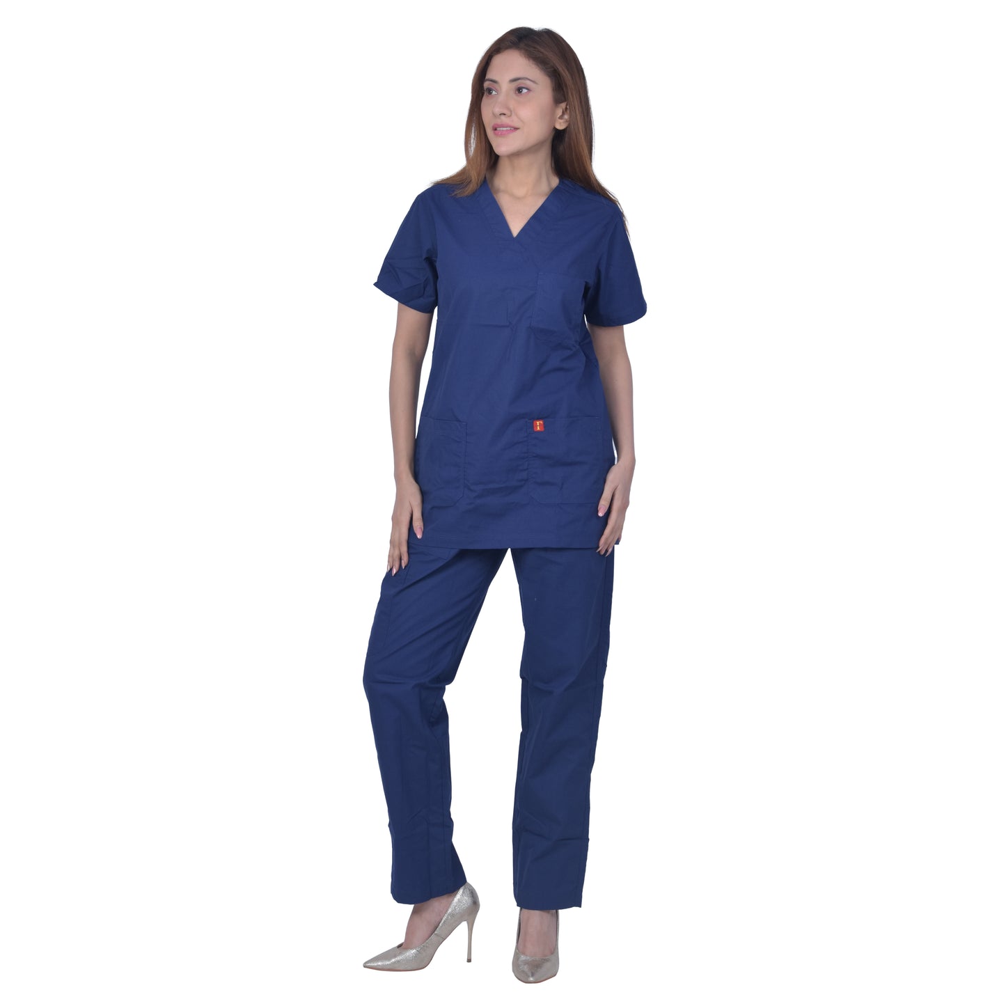 FRENCH TERRAIN® Unsiex Polyester Cotton V-Neck Scrub Suit, Triple Stitch Top with 3 Pockets, Bottom Elasticated Wasit with Drawstring. (Color_ Navy Blue)