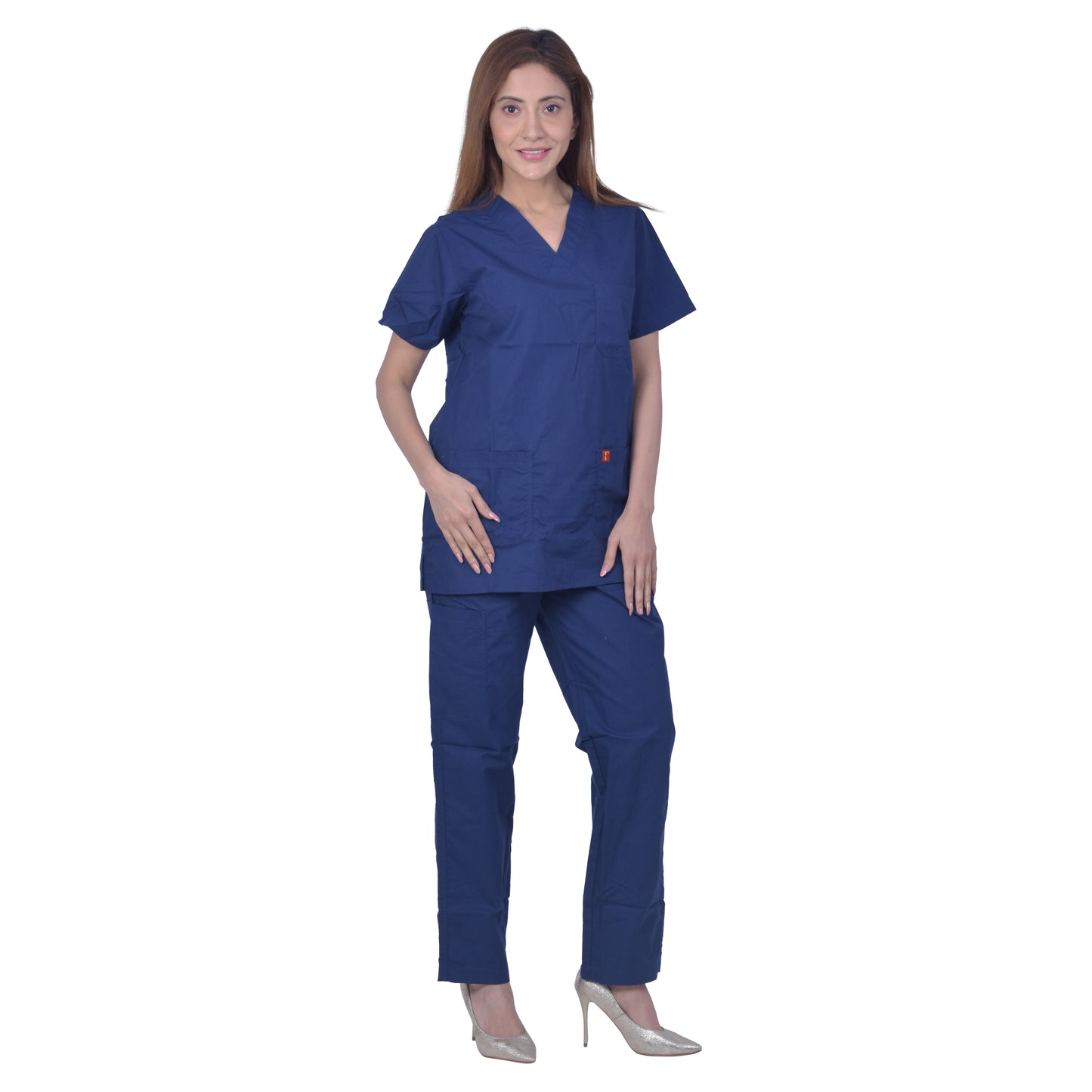 FRENCH TERRAIN® Unsiex Polyester Cotton V-Neck Scrub Suit, Triple Stitch Top with 3 Pockets, Bottom Elasticated Wasit with Drawstring. (Color_ Navy Blue)