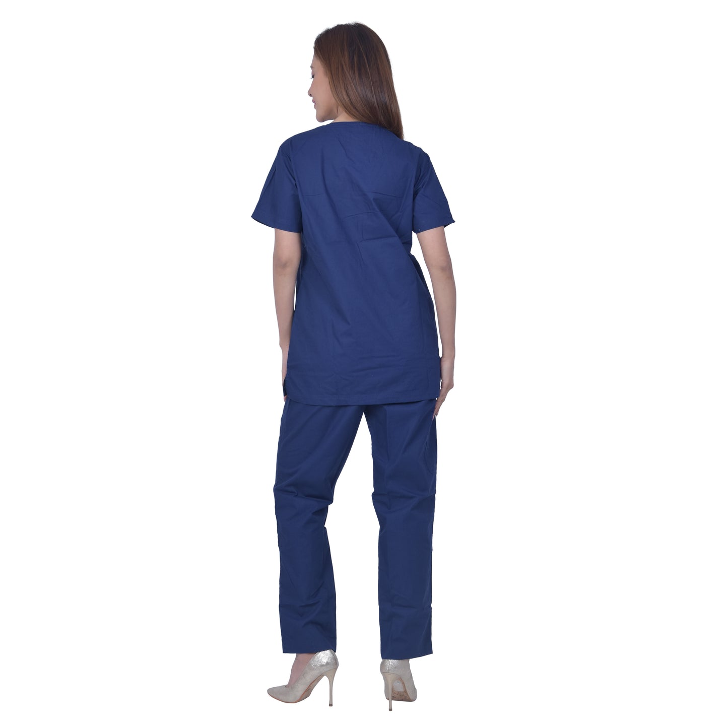 FRENCH TERRAIN® Unsiex Polyester Cotton V-Neck Scrub Suit, Triple Stitch Top with 3 Pockets, Bottom Elasticated Wasit with Drawstring. (Color_ Navy Blue)