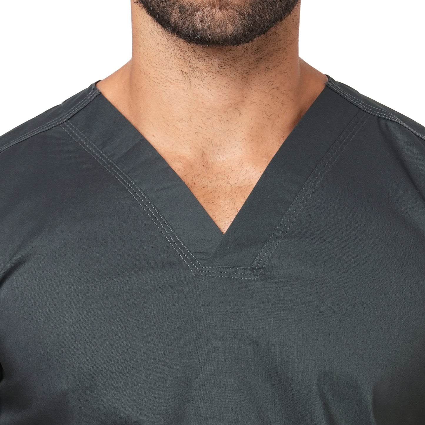 FRENCH TERRAIN® Unsiex Polyester Cotton Lycra V-Neck Scrub Suit, Triple Stitch Top with 2 Pockets, Bottom Elasticated Wasit with Drawstring. (Color_ Dark Grey)