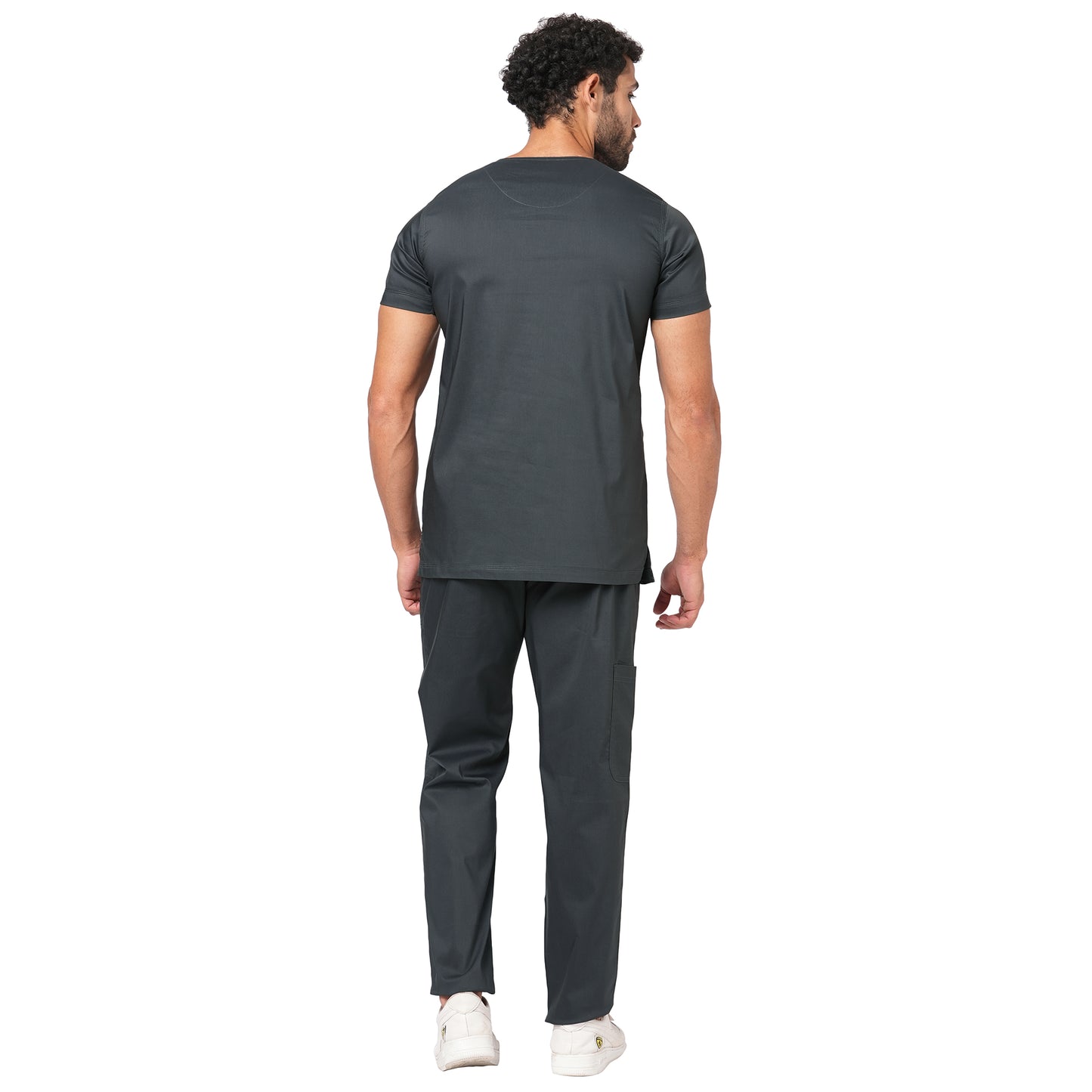 FRENCH TERRAIN® Unsiex Polyester Cotton Lycra V-Neck Scrub Suit, Triple Stitch Top with 2 Pockets, Bottom Elasticated Wasit with Drawstring. (Color_ Dark Grey)