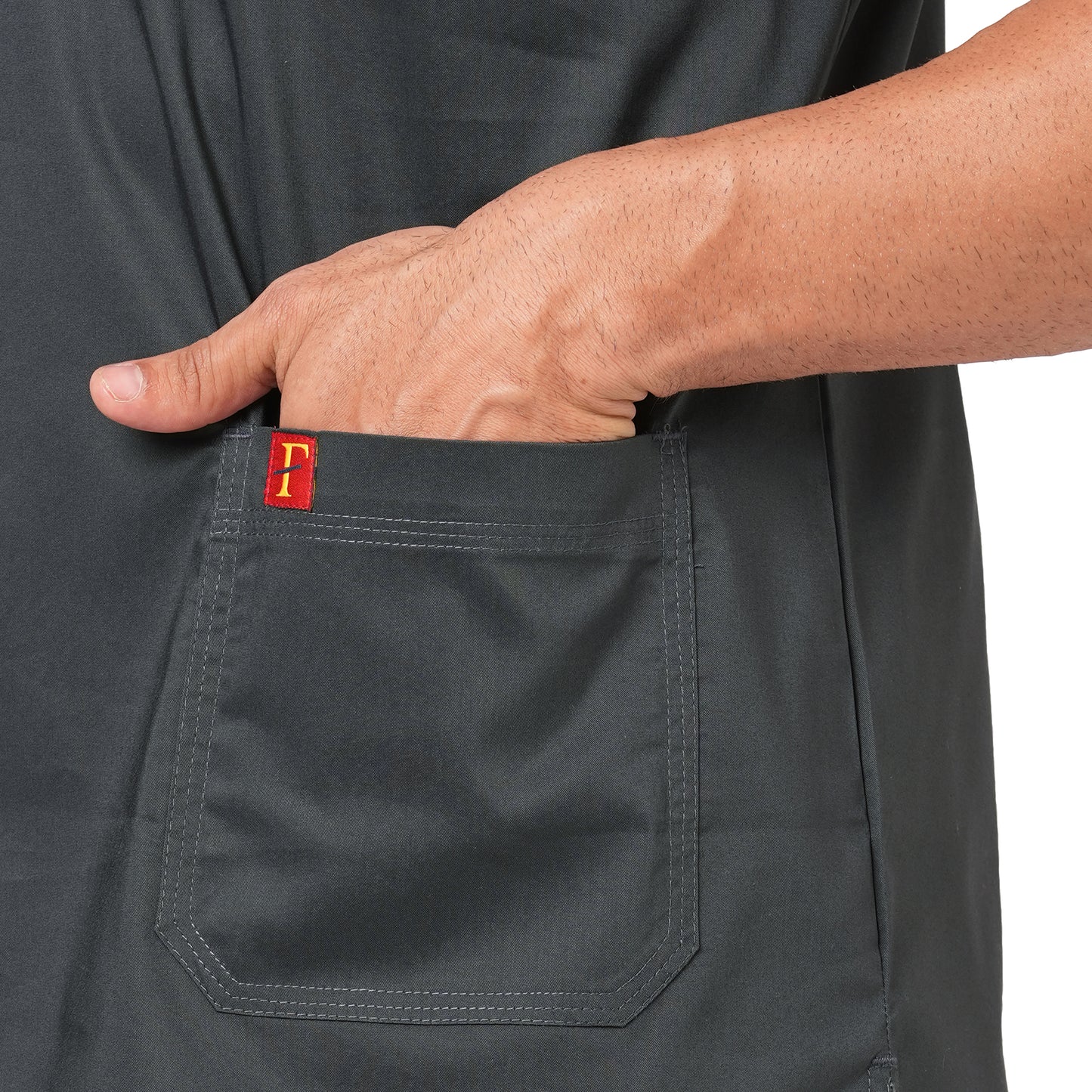 FRENCH TERRAIN® Unsiex Polyester Cotton Lycra V-Neck Scrub Suit, Triple Stitch Top with 2 Pockets, Bottom Elasticated Wasit with Drawstring. (Color_ Dark Grey)