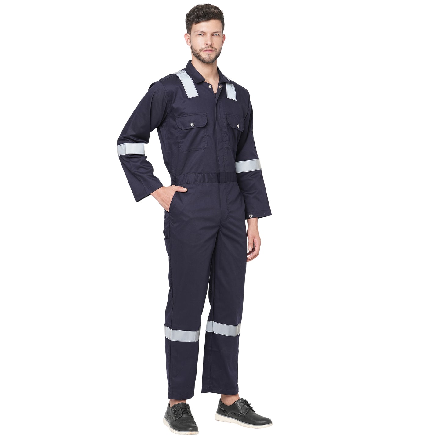 Men's 100% Cotton FIRE Retardant Industrial Work WEAR Coverall Boiler Suit with Reflective Tape 225 GSM (Navy Blue)