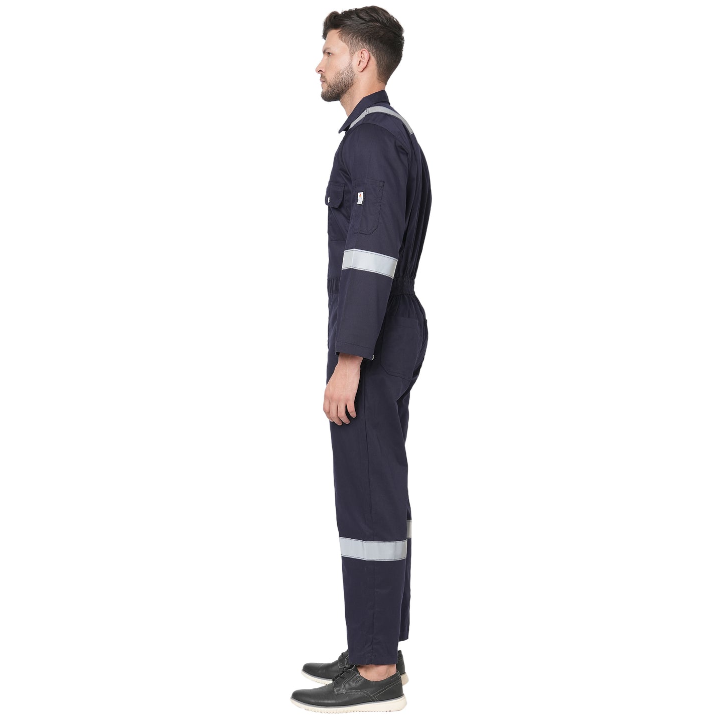 Men's 100% Cotton FIRE Retardant Industrial Work WEAR Coverall Boiler Suit with Reflective Tape 225 GSM (Navy Blue)