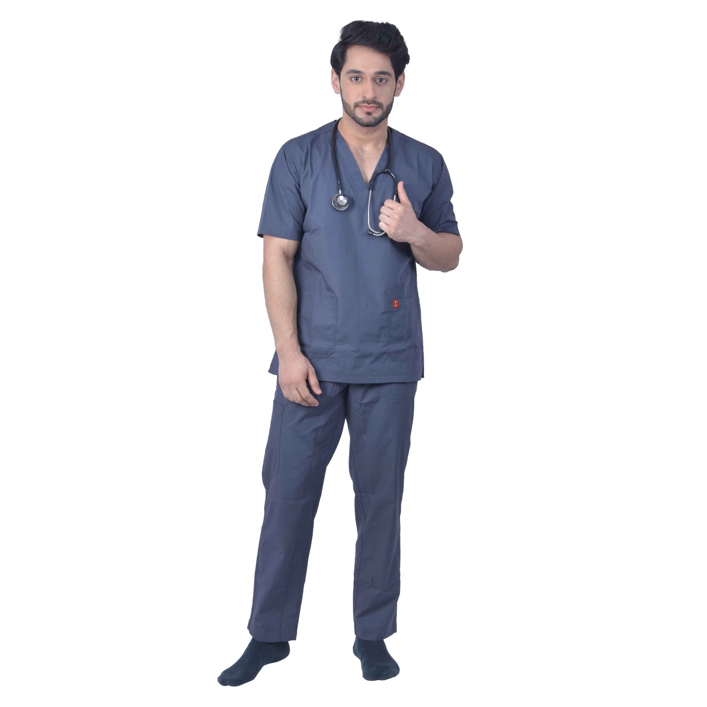 Unisex Premium Polyester Cotton V-Neck Scrub Suit. (Top And Bottom) Triple Stitch With 2 Pockets - Dark Grey