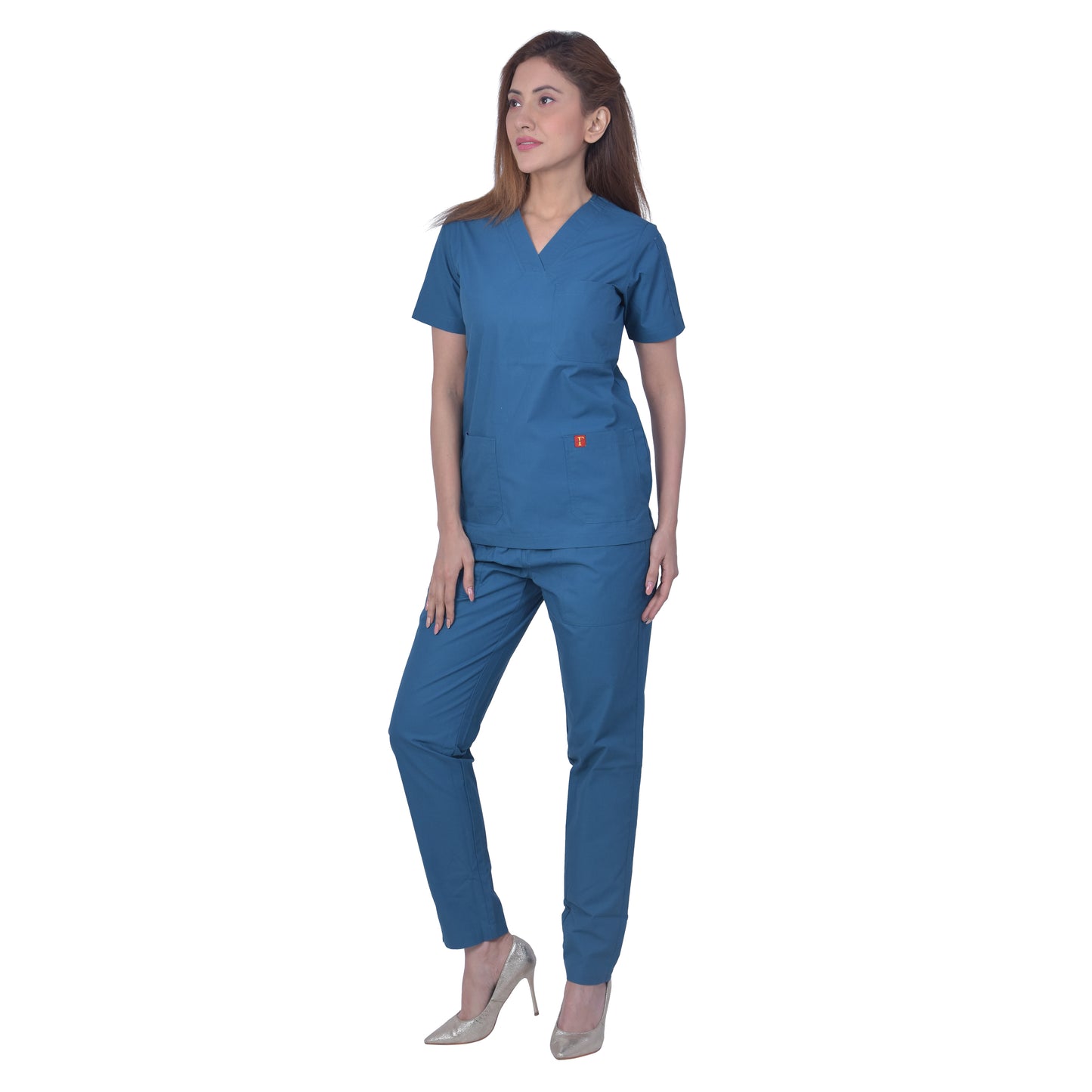 Unisex light weight polyester viscose v-neck medical scrub suit, top and bottom, ideal for healthcare professionals, top with 2 pockets, bottom elasticated waist with drawstring (caribbean blue)