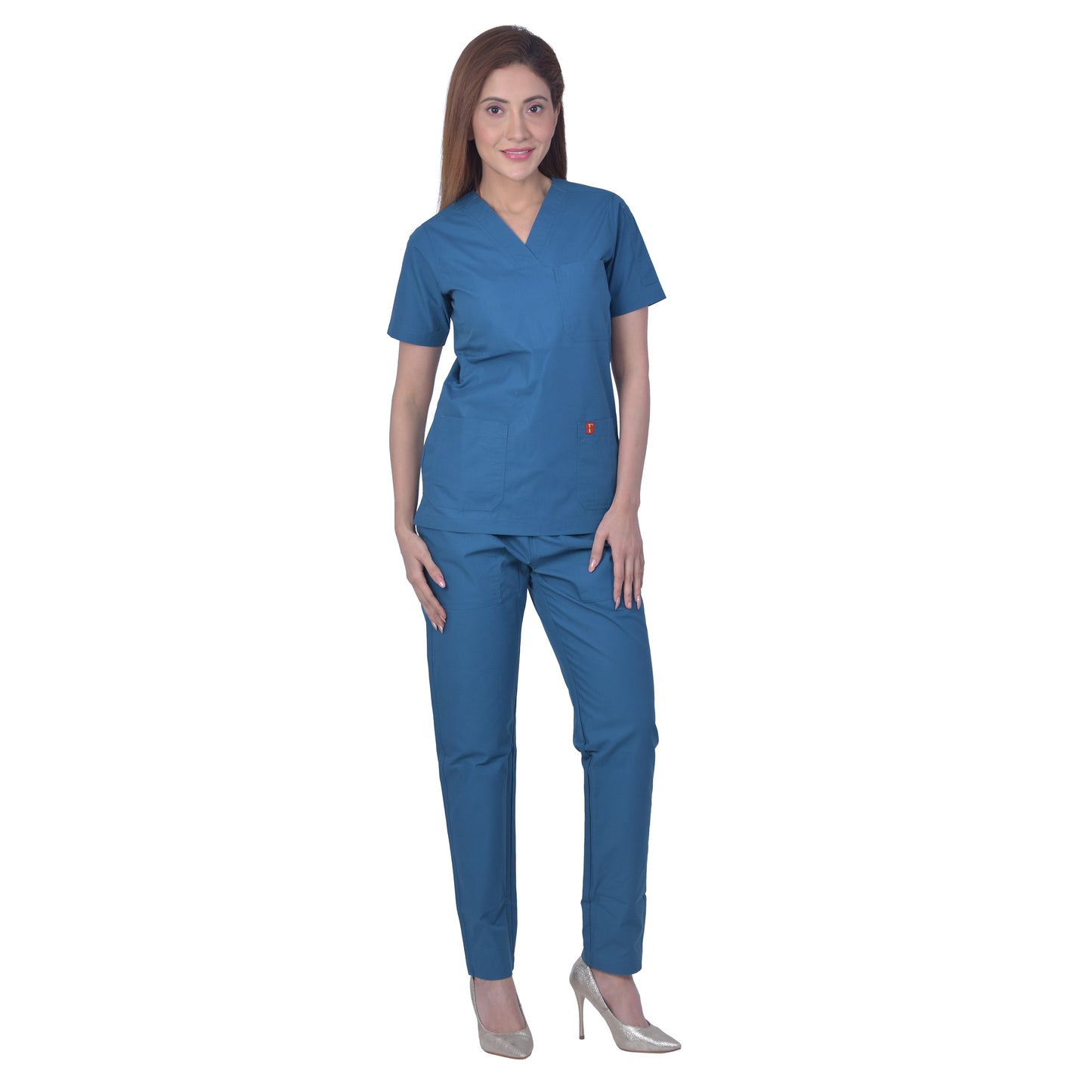 Unisex light weight polyester viscose v-neck medical scrub suit, top and bottom, ideal for healthcare professionals, top with 2 pockets, bottom elasticated waist with drawstring (caribbean blue)