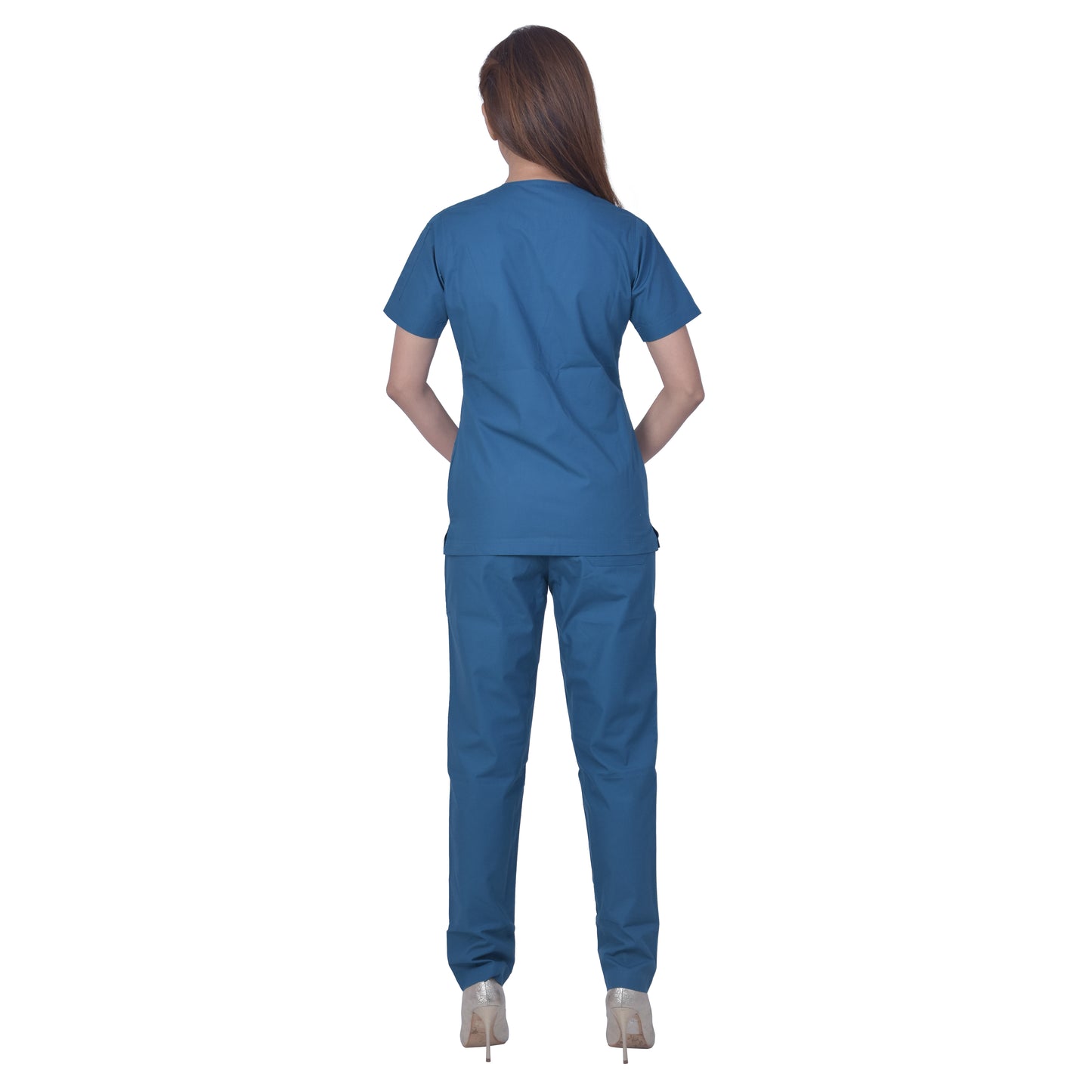 Unisex light weight polyester viscose v-neck medical scrub suit, top and bottom, ideal for healthcare professionals, top with 2 pockets, bottom elasticated waist with drawstring (caribbean blue)