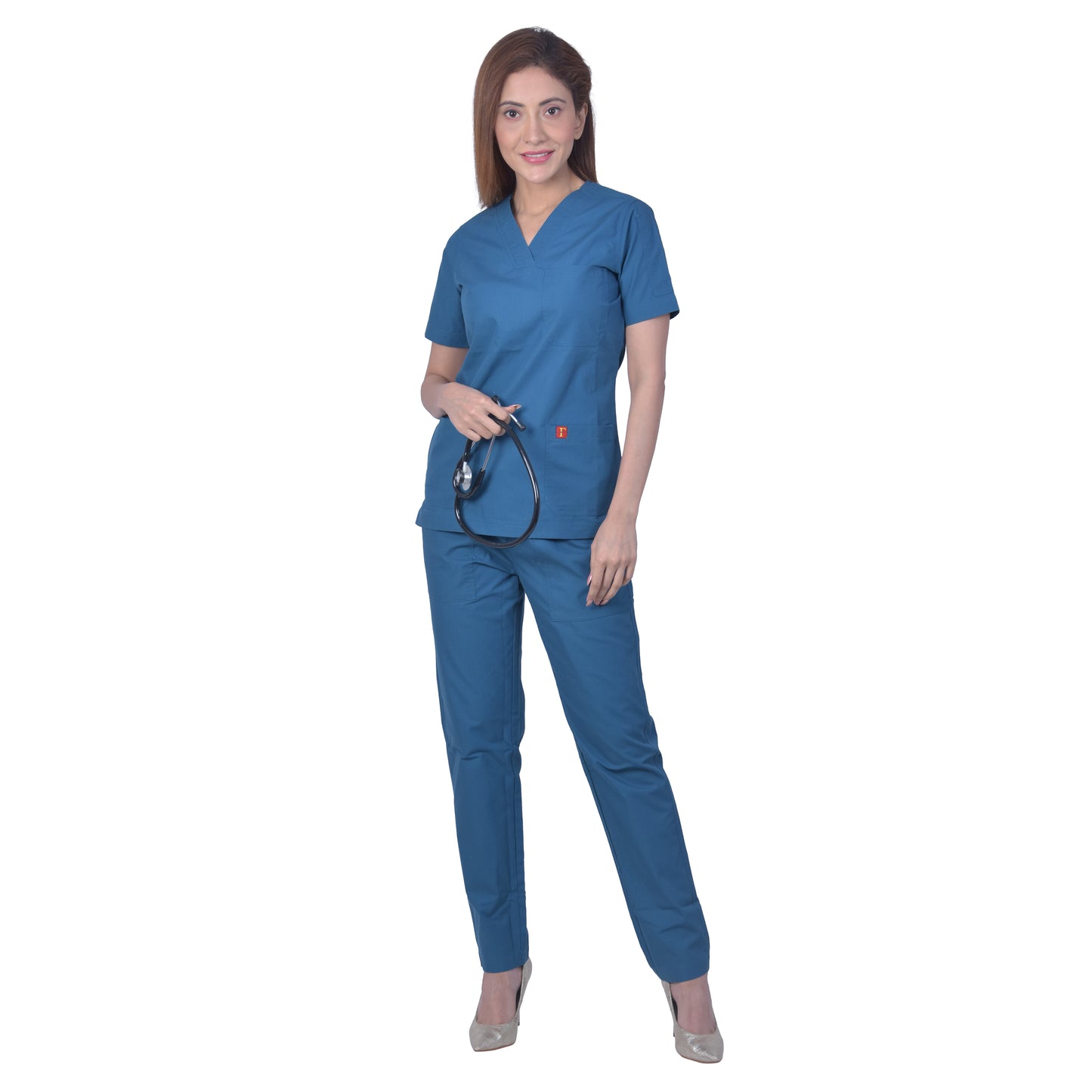 Unisex light weight polyester viscose v-neck medical scrub suit, top and bottom, ideal for healthcare professionals, top with 2 pockets, bottom elasticated waist with drawstring (caribbean blue)