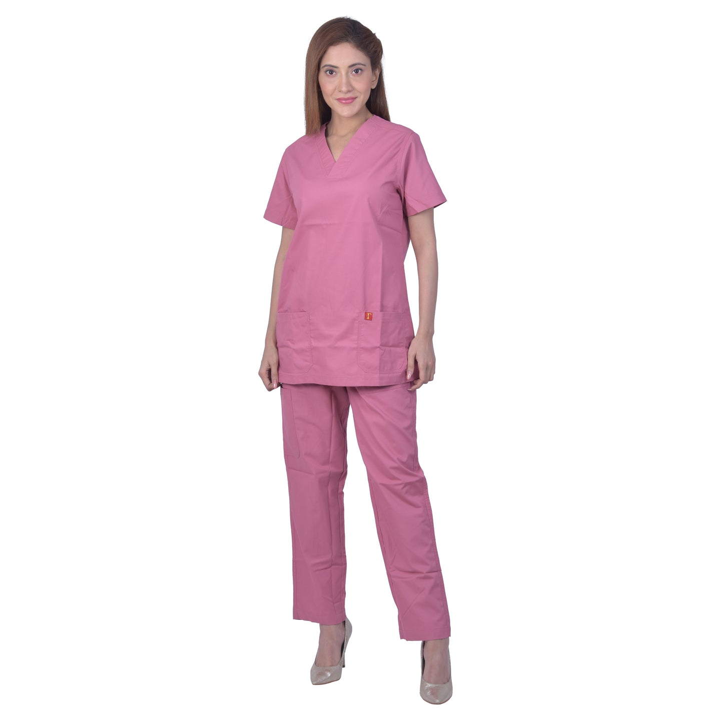 Unisex polyester cotton v-neck scrub suit set, set of top and bottom, tripple stitch top with 2 pockets, bottom elasticated waist with drawstring (dark pink)