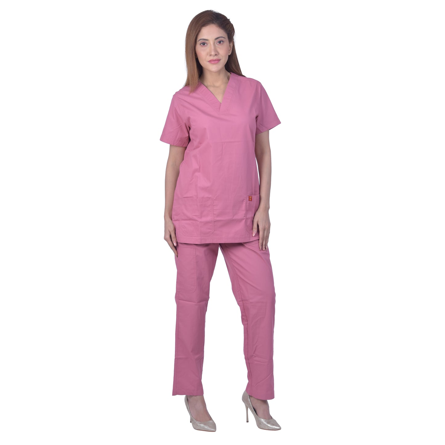 Unisex polyester cotton v-neck scrub suit set, set of top and bottom, tripple stitch top with 2 pockets, bottom elasticated waist with drawstring (dark pink)