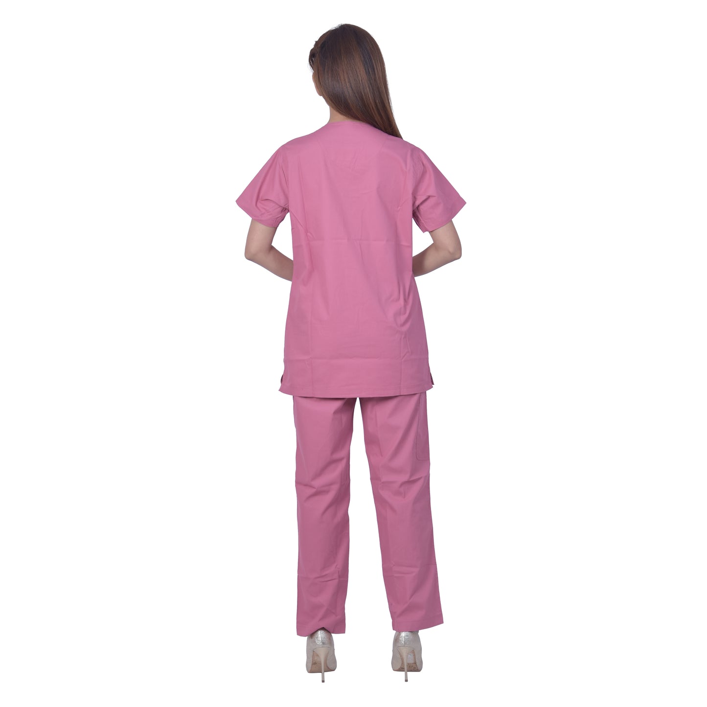 Unisex polyester cotton v-neck scrub suit set, set of top and bottom, tripple stitch top with 2 pockets, bottom elasticated waist with drawstring (dark pink)
