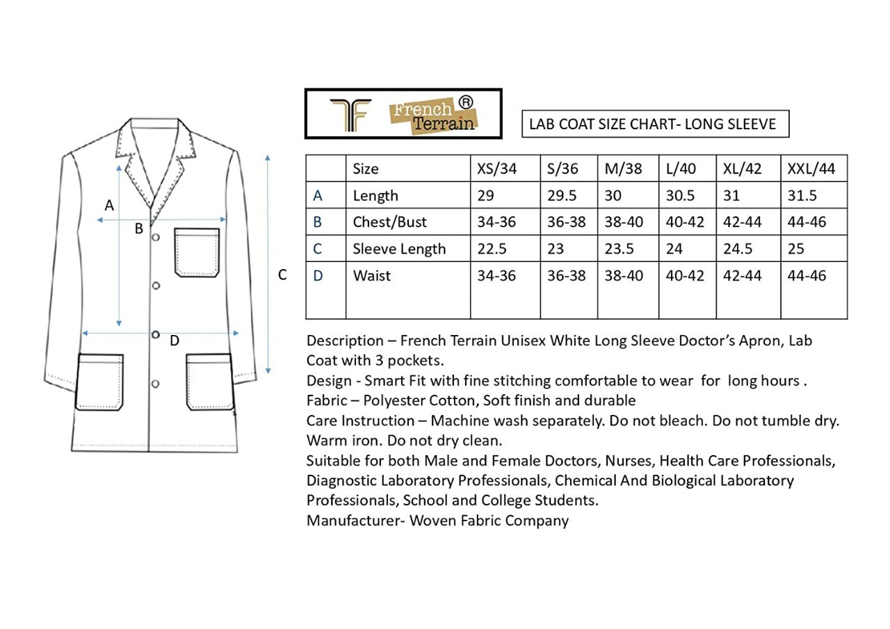 Unisex Light Weight Feel Fresh Permanently Anti-Microbial And Anti-Viral Long Sleeve Doctors Apron Lab Coat, 3 Pockets With Pocket Loop As Id Card Holder. - White