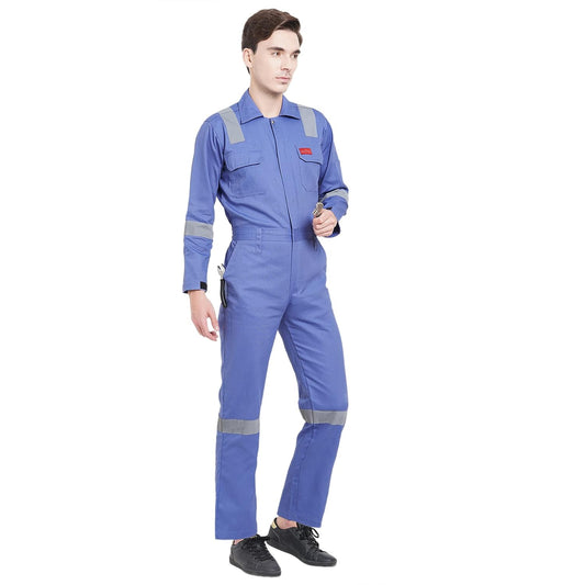 FRENCH TERRAIN® Men's 100% Cotton Industrial Work WEAR Coverall Boiler Suit with Reflective Tape 210 GSM, Petrol Blue