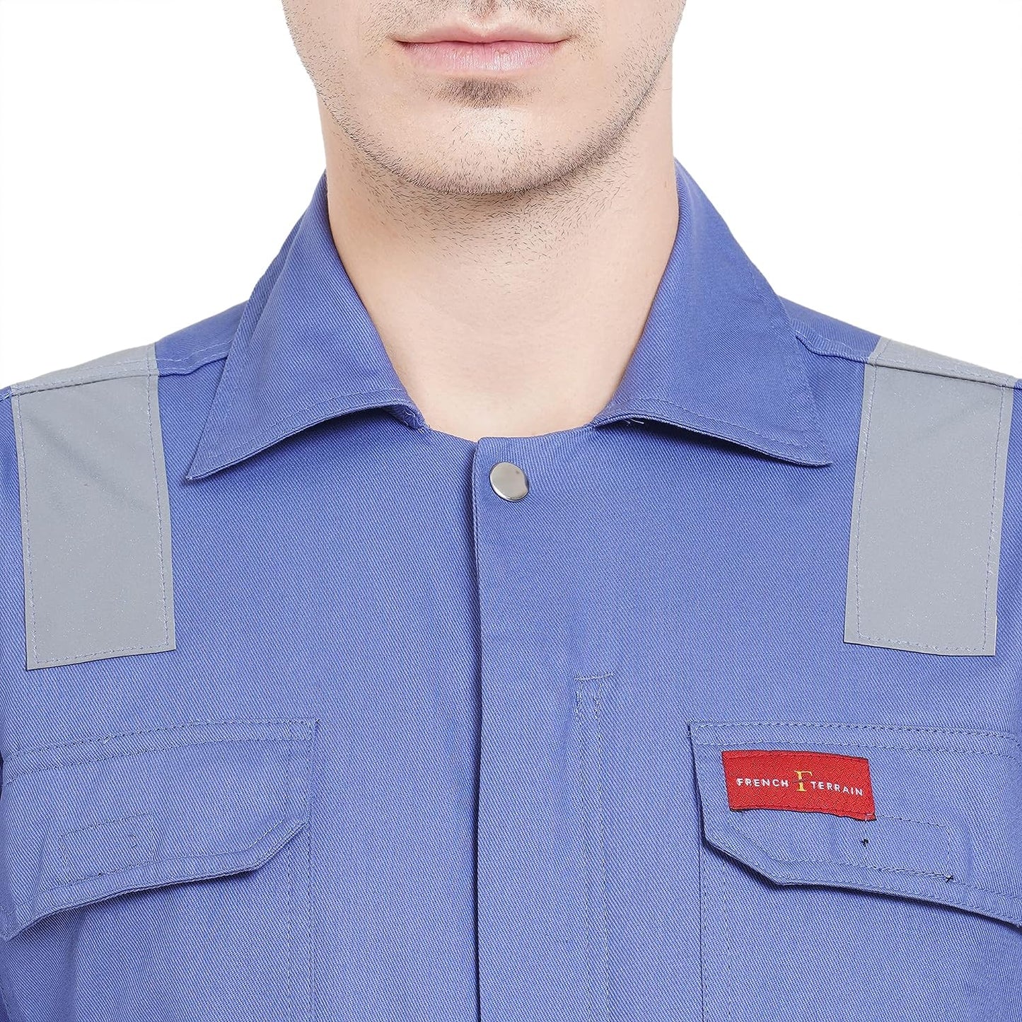 FRENCH TERRAIN® Men's 100% Cotton Industrial Work WEAR Coverall Boiler Suit with Reflective Tape 210 GSM, Petrol Blue