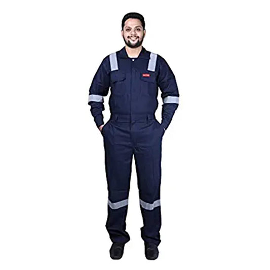 Men's Cotton Industrial Work Wear Coverall Boiler Suit With Reflective Tape, 210 Gsm (Navy Blue)