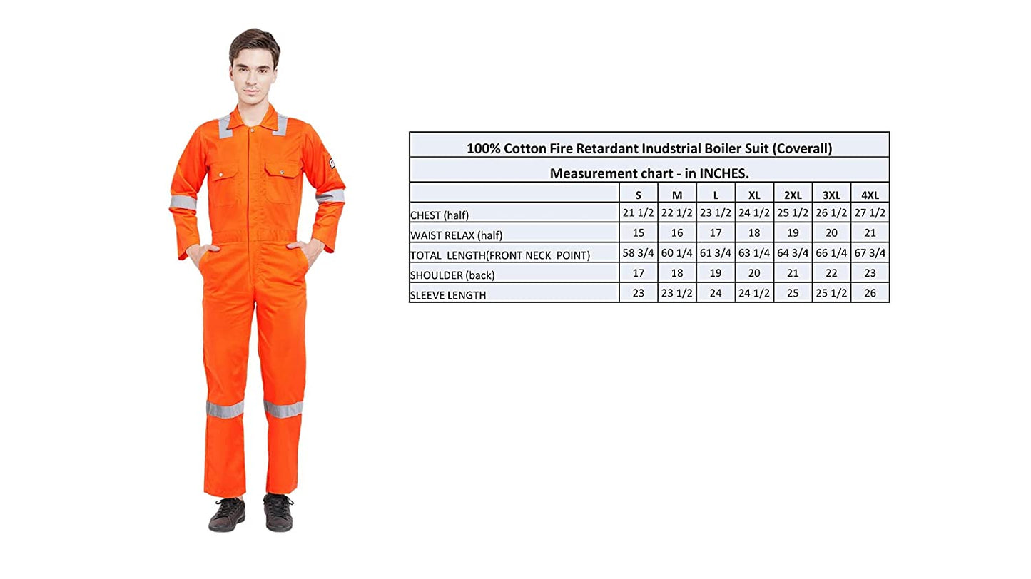 Men's 100% Cotton FIRE Retardant Industrial Work WEAR Coverall Boiler Suit with Reflective Tape 225 GSM (Orange)