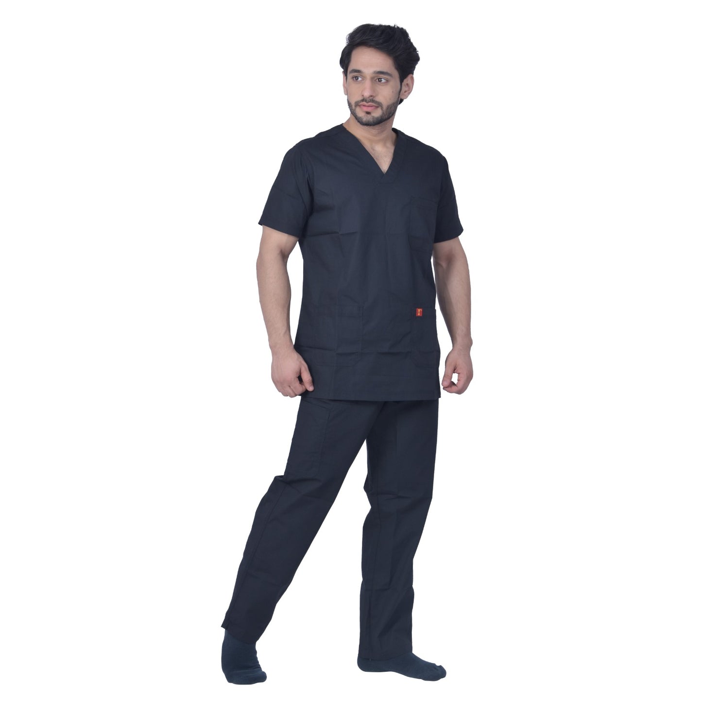 Unisex polyester cotton v-neck scrub suit set, set of top and bottom, triple stitch top with 3 pockets, bottom elasticated waist with drawstring (black)