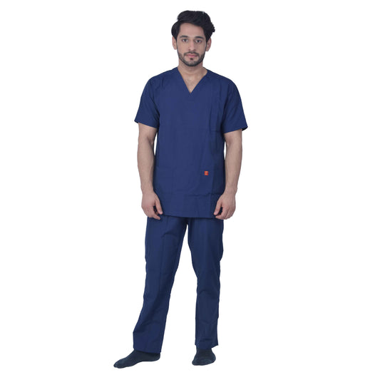 FRENCH TERRAIN® Unsiex Polyester Cotton V-Neck Scrub Suit, Triple Stitch Top with 2 Pockets, Bottom Elasticated Wasit with Drawstring. (Color_ Navy Blue)