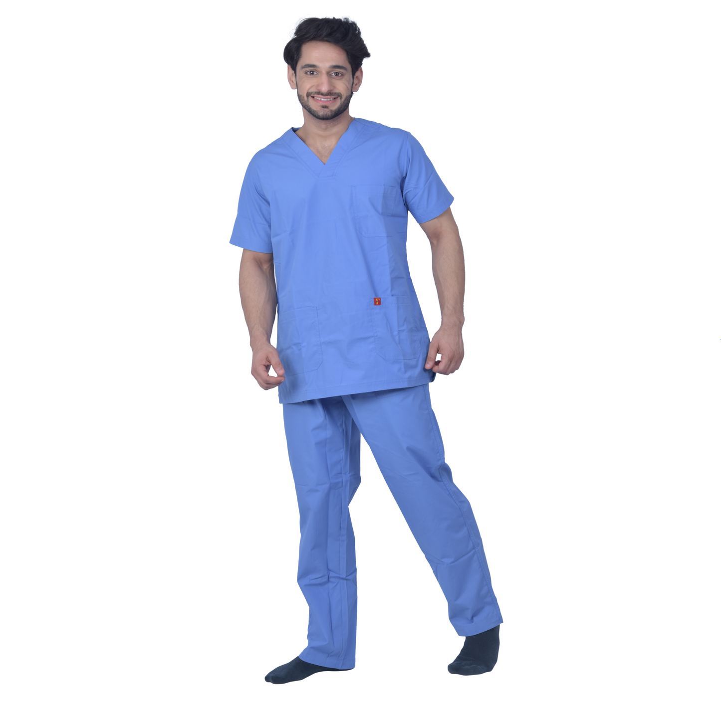 Unisex Premium Polyester Cotton V-Neck Scrub Suit. (Top And Bottom) Tripple Stitch With 3 Pockets - Ceil Blue