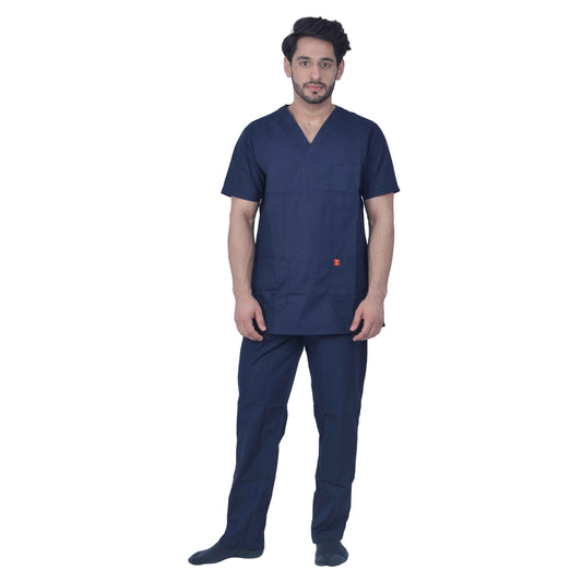 Unisex Premium Polyester Viscose V-Neck Scrub Suit, (Top And Bottom),Triple Stitch 3 Pockets - Dark Navy