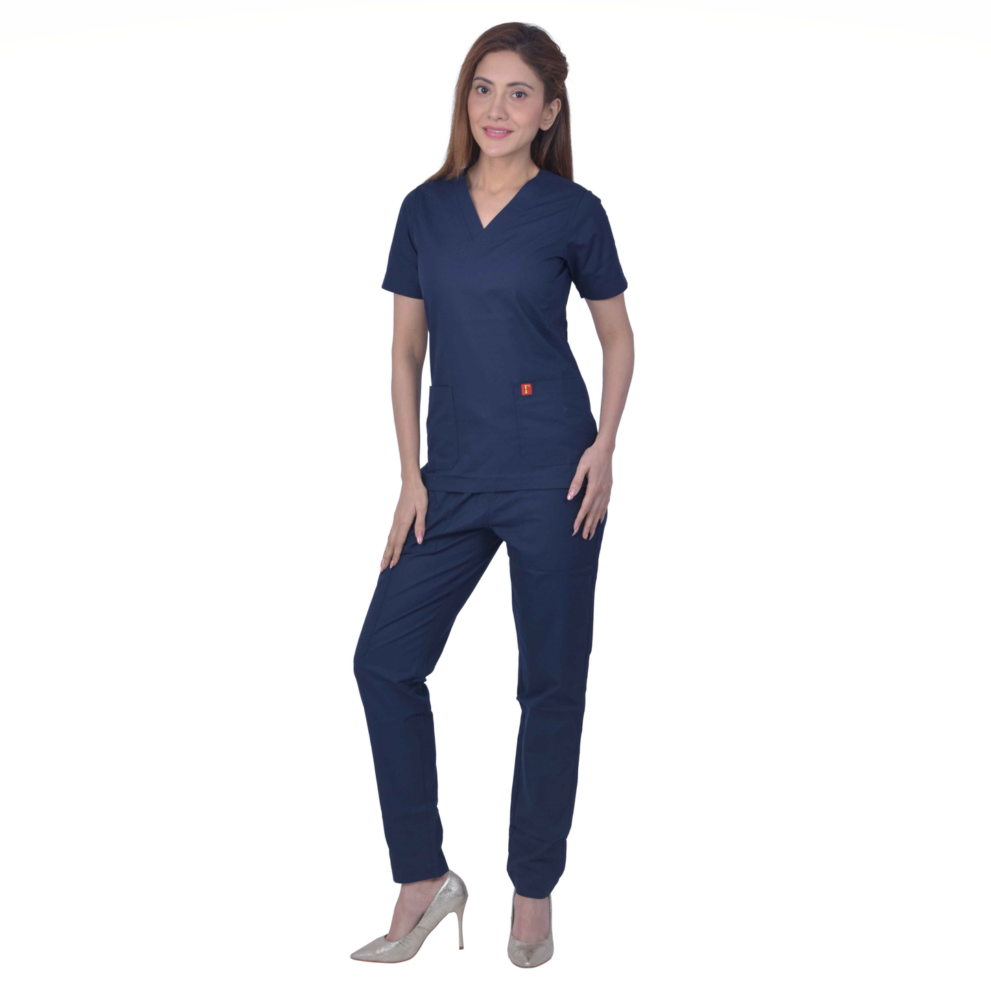 Unisex Premium Polyester Viscose V-Neck Scrub Suit, (Top And Bottom),Tripple Stitch 2 Pockets - Dark Navy