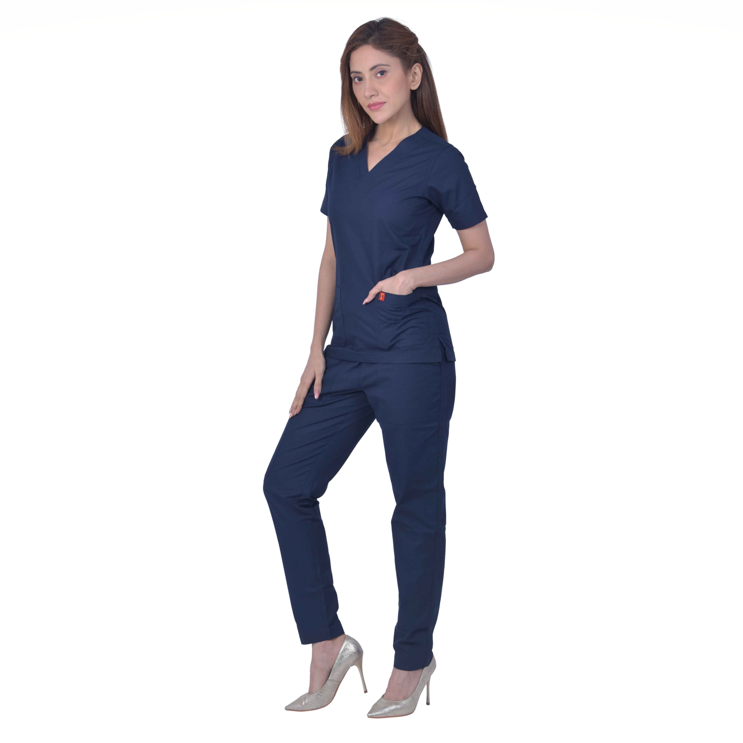 Unisex Premium Polyester Viscose V-Neck Scrub Suit, (Top And Bottom),Tripple Stitch 2 Pockets - Dark Navy