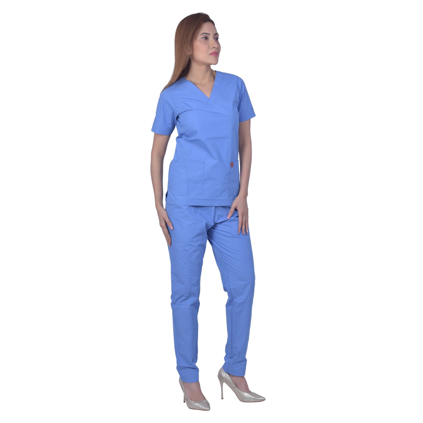 Unisex Premium Polyester Cotton V-Neck Scrub Suit. (Top And Bottom) Tripple Stitch With 3 Pockets - Ceil Blue