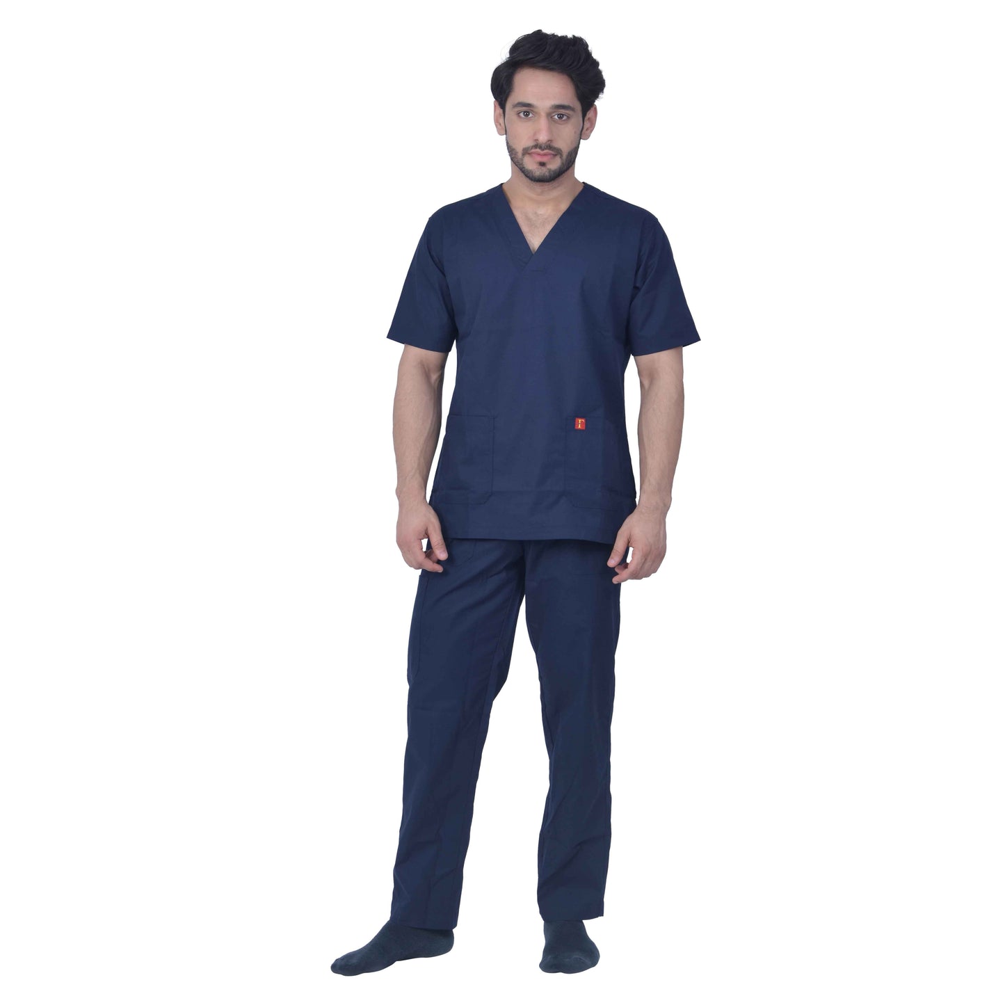 Unisex Premium Polyester Viscose V-Neck Scrub Suit, (Top And Bottom),Tripple Stitch 2 Pockets - Dark Navy