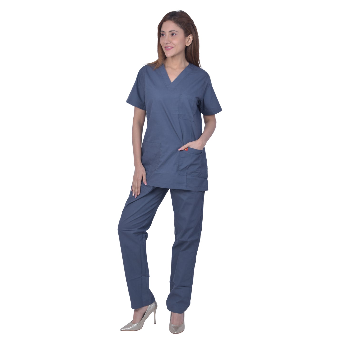 FRENCH TERRAIN® Unisex Premium Polyester Cotton V-Neck Scrub Suit. (Top And Bottom) Triple Stitch With 3 Pockets - Dark Grey