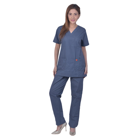 FRENCH TERRAIN® Unisex Premium Polyester Cotton V-Neck Scrub Suit. (Top And Bottom) Triple Stitch With 3 Pockets - Dark Grey
