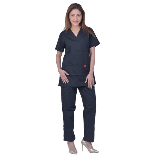 Unisex polyester cotton v-neck scrub suit set, set of top and bottom, triple stitch top with 3 pockets, bottom elasticated waist with drawstring (black)