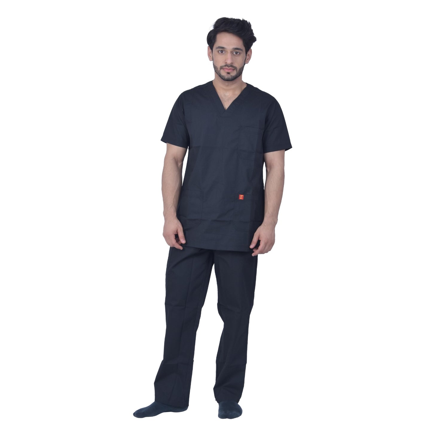 Unisex polyester cotton v-neck scrub suit set, set of top and bottom, triple stitch top with 3 pockets, bottom elasticated waist with drawstring (black)