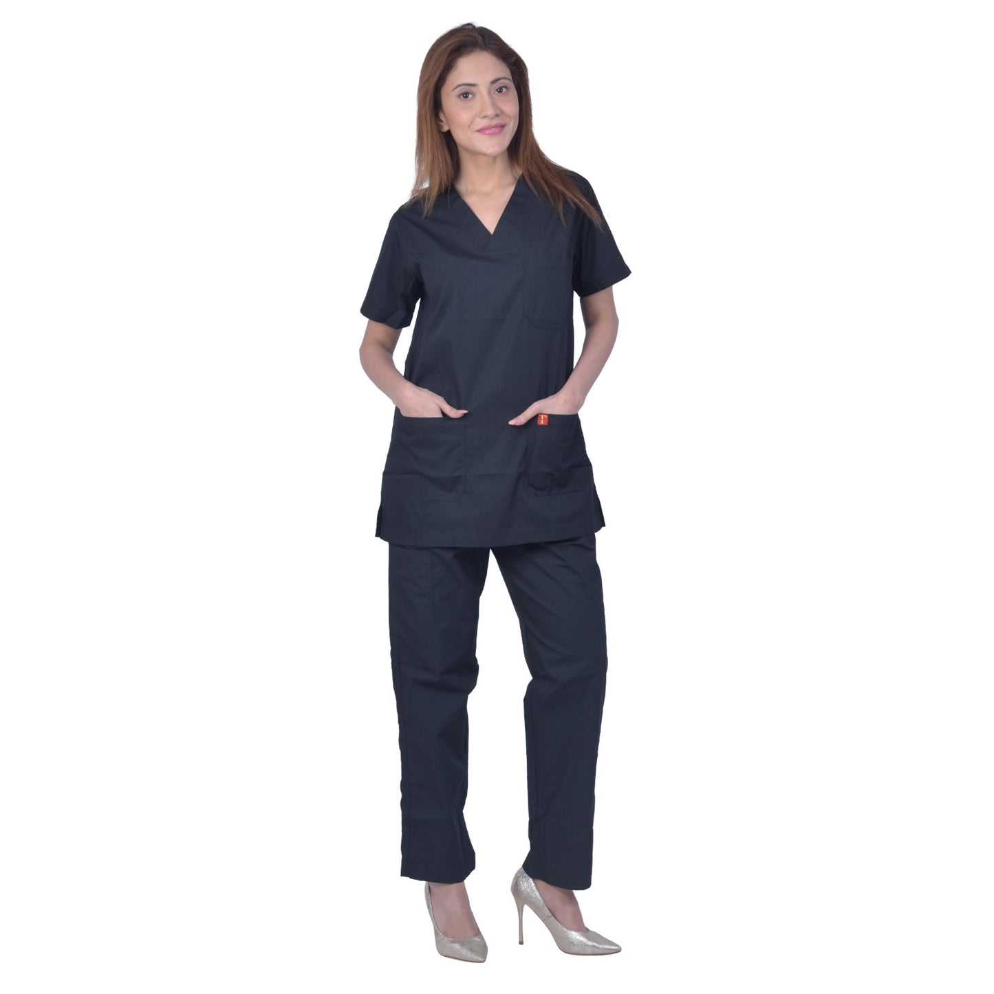 Unisex polyester cotton v-neck scrub suit set, set of top and bottom, triple stitch top with 3 pockets, bottom elasticated waist with drawstring (black)