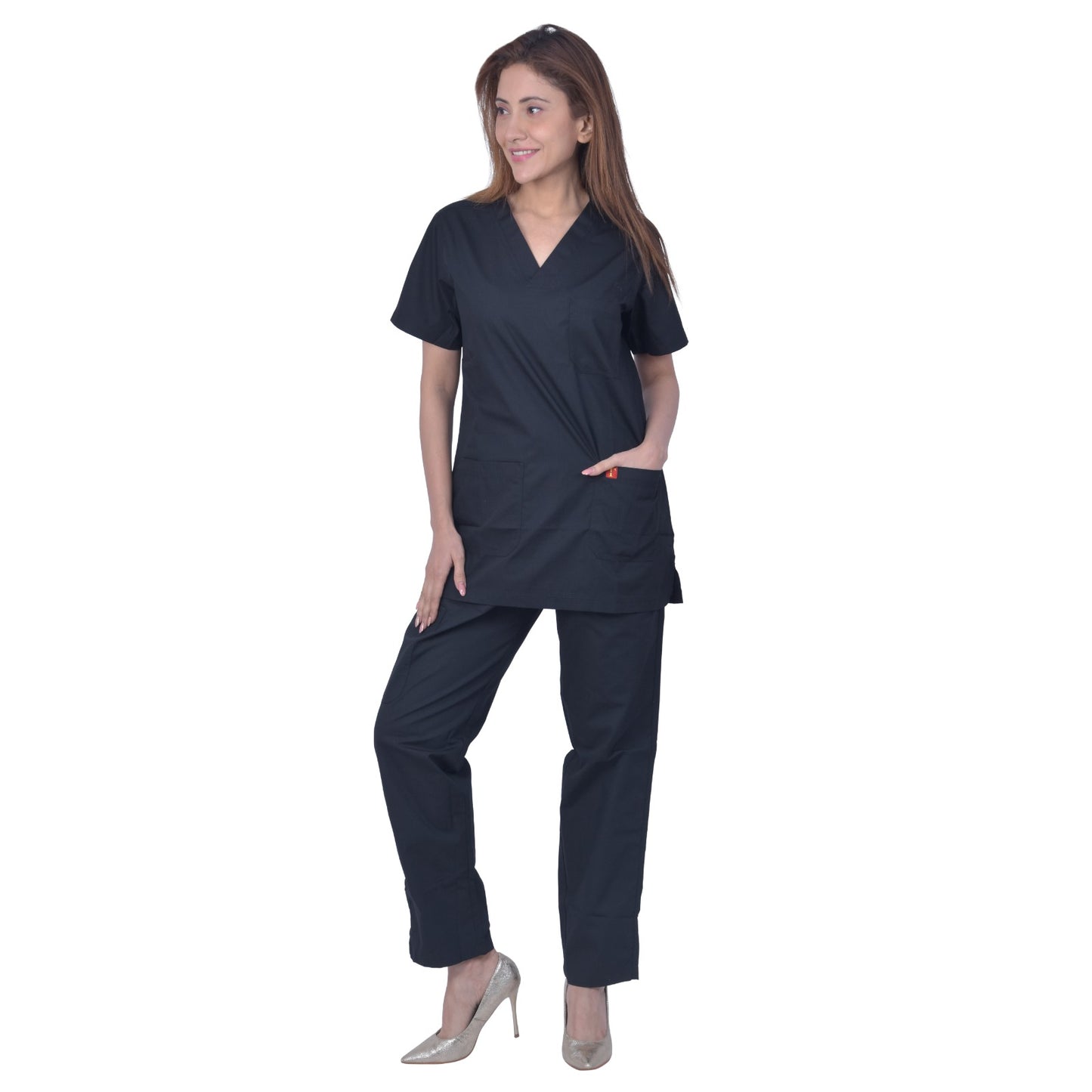 Unisex polyester cotton v-neck scrub suit set, set of top and bottom, triple stitch top with 3 pockets, bottom elasticated waist with drawstring (black)