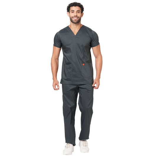 FRENCH TERRAIN® Unsiex Polyester Cotton Lycra V-Neck Scrub Suit, Triple Stitch Top with 2 Pockets, Bottom Elasticated Wasit with Drawstring. (Color_ Dark Grey)