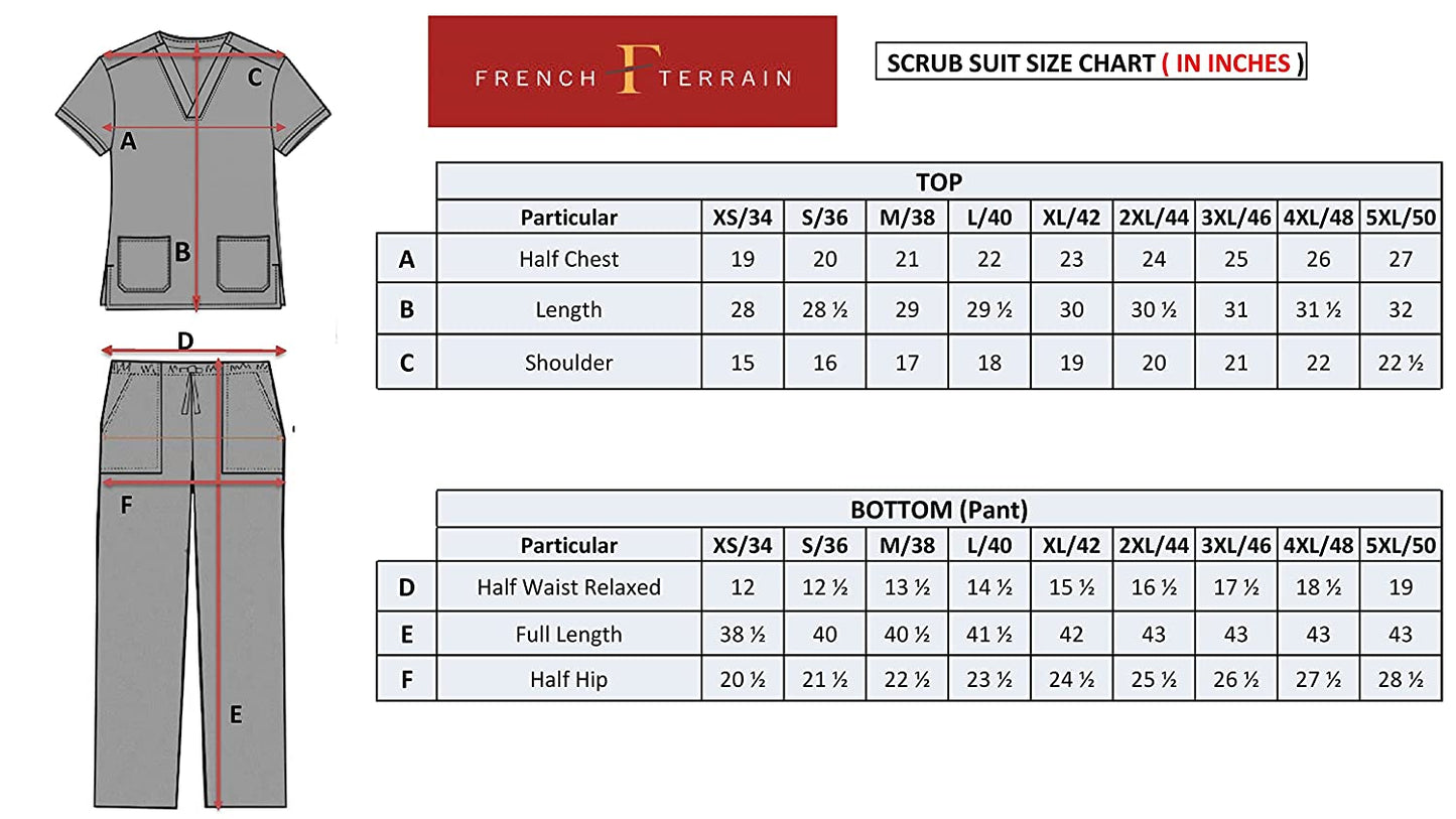 FRENCH TERRAIN® Unisex Premium Polyester Cotton V-Neck Scrub Suit. (Top And Bottom) Triple Stitch With 3 Pockets - Dark Grey